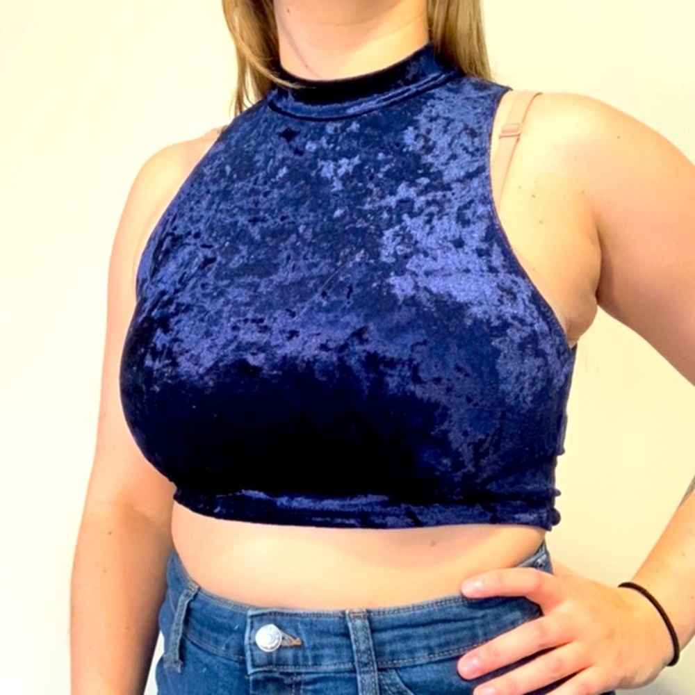 Blue crushed velvet crop top